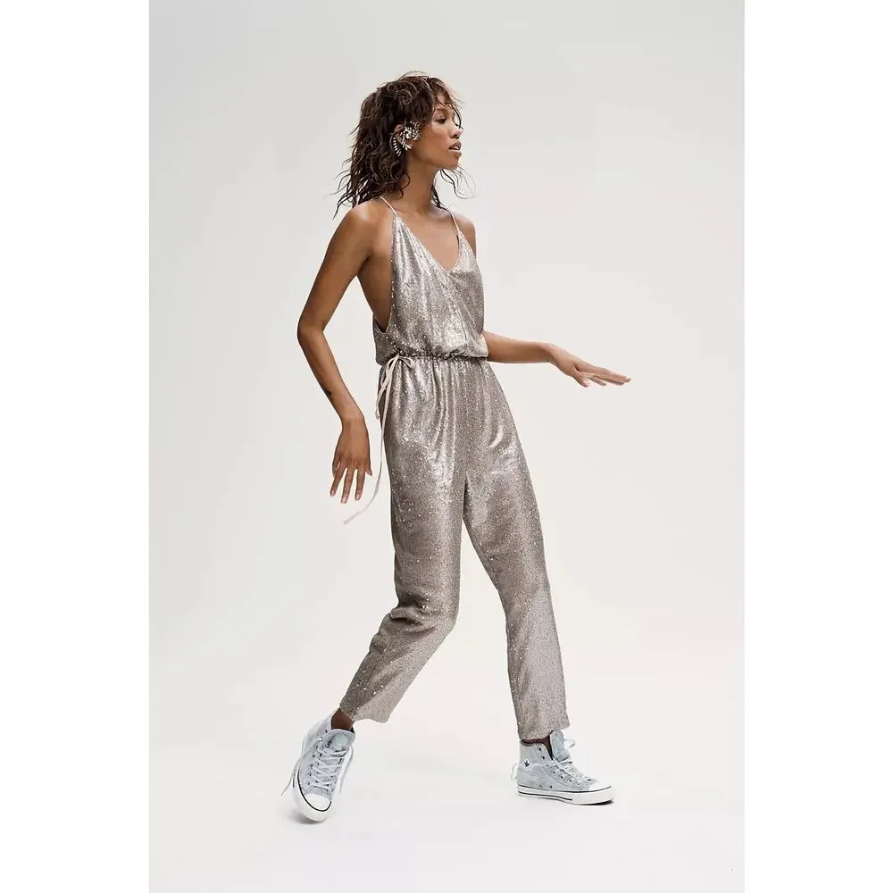 Free People | Women | Champagne All Over Sequin Slouchy Party Jumpsuit | Large